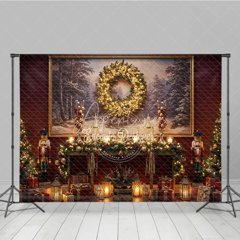 Aperturee - Aperturee Traditional Christmas Photography Backdrop Red Wall with Nutcrackers and Wreath Holiday Mini Session Background