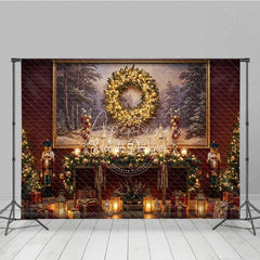 Aperturee - Aperturee Traditional Christmas Photography Backdrop Red Wall with Nutcrackers and Wreath Holiday Mini Session Background