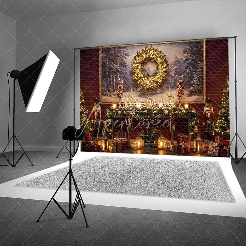 Aperturee - Aperturee Traditional Christmas Photography Backdrop Red Wall with Nutcrackers and Wreath Holiday Mini Session Background