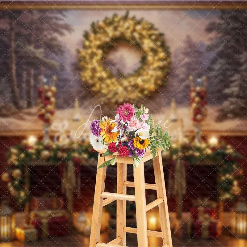 Aperturee - Aperturee Traditional Christmas Photography Backdrop Red Wall with Nutcrackers and Wreath Holiday Mini Session Background