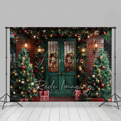 Aperturee - Aperturee Traditional Christmas Porch Backdrop Green Double Door Red Brick Wall Wreath Lights Photo Background