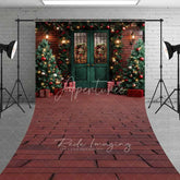 Aperturee - Aperturee Traditional Christmas Porch Sweep Backdrop Green Double Door Red Brick Wall Trees Floor Photo Background