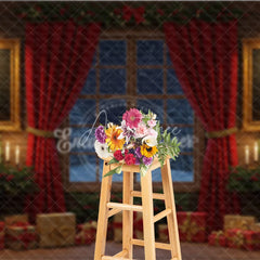 Aperturee - Aperturee Traditional Christmas Window Photography Backdrop Red Curtains and Snowy View Cozy Holiday Room Scene with Presents