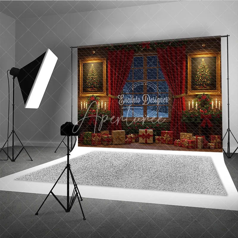 Aperturee - Aperturee Traditional Christmas Window Photography Backdrop Red Curtains and Snowy View Cozy Holiday Room Scene with Presents