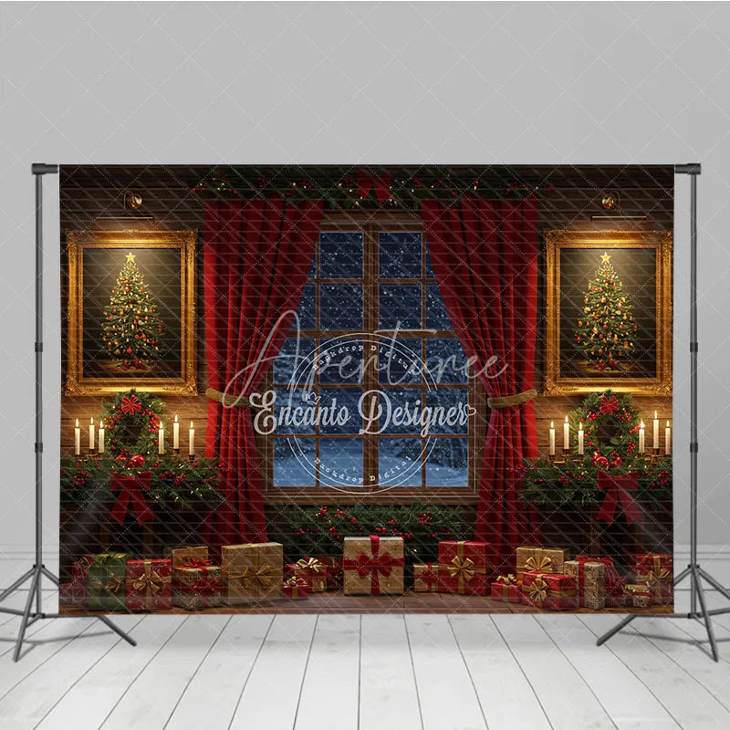 Aperturee - Aperturee Traditional Christmas Window Photography Backdrop Red Curtains and Snowy View Cozy Holiday Room Scene with Presents