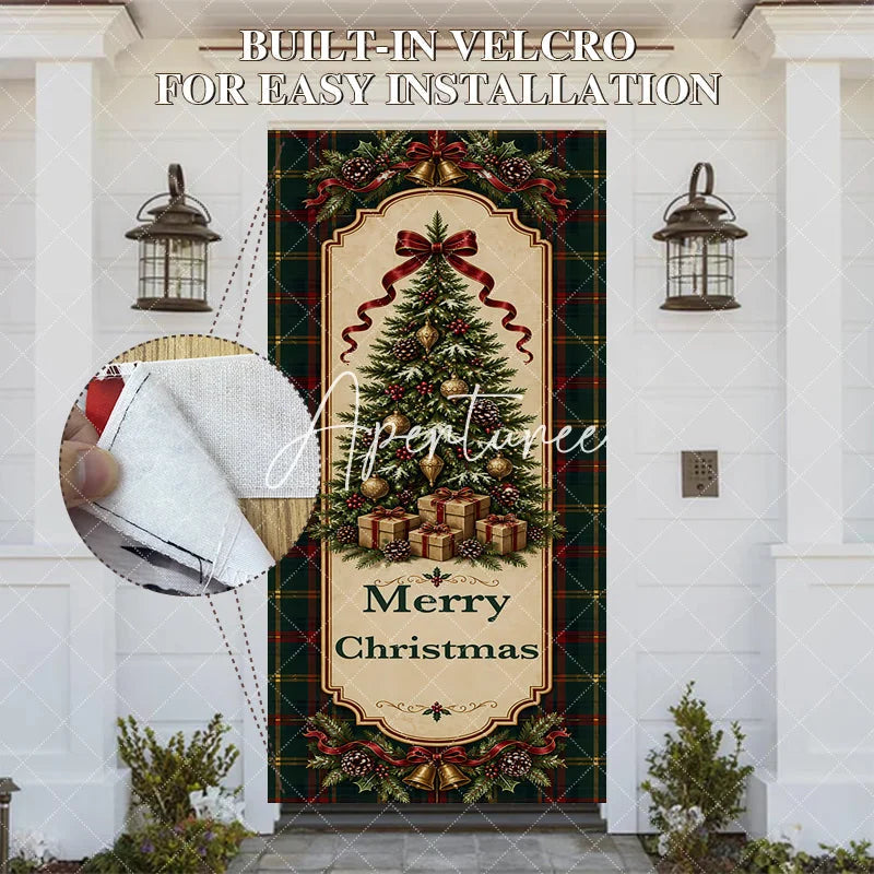 Aperturee - Aperturee Traditional Green Red Plaid Christmas Tree Door Cover with Golden Bells and Ribbons Merry Christmas Holiday Decor