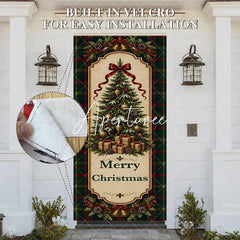 Aperturee - Aperturee Traditional Green Red Plaid Christmas Tree Door Cover with Golden Bells and Ribbons Merry Christmas Holiday Decor