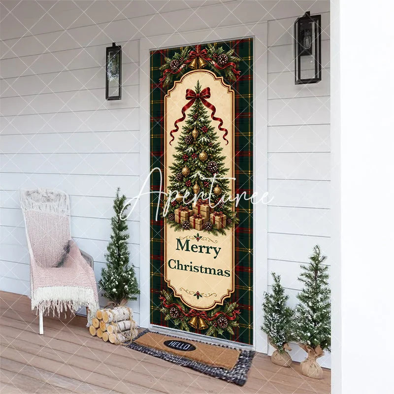 Aperturee - Aperturee Traditional Green Red Plaid Christmas Tree Door Cover with Golden Bells and Ribbons Merry Christmas Holiday Decor