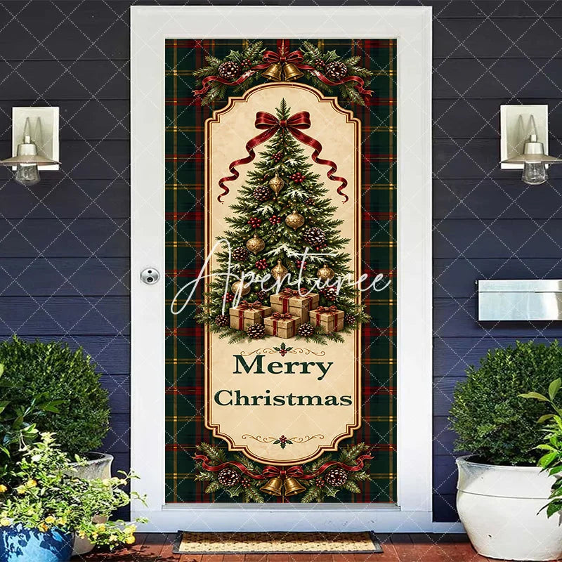 Aperturee - Aperturee Traditional Green Red Plaid Christmas Tree Door Cover with Golden Bells and Ribbons Merry Christmas Holiday Decor