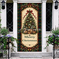 Aperturee - Aperturee Traditional Green Red Plaid Christmas Tree Door Cover with Golden Bells and Ribbons Merry Christmas Holiday Decor
