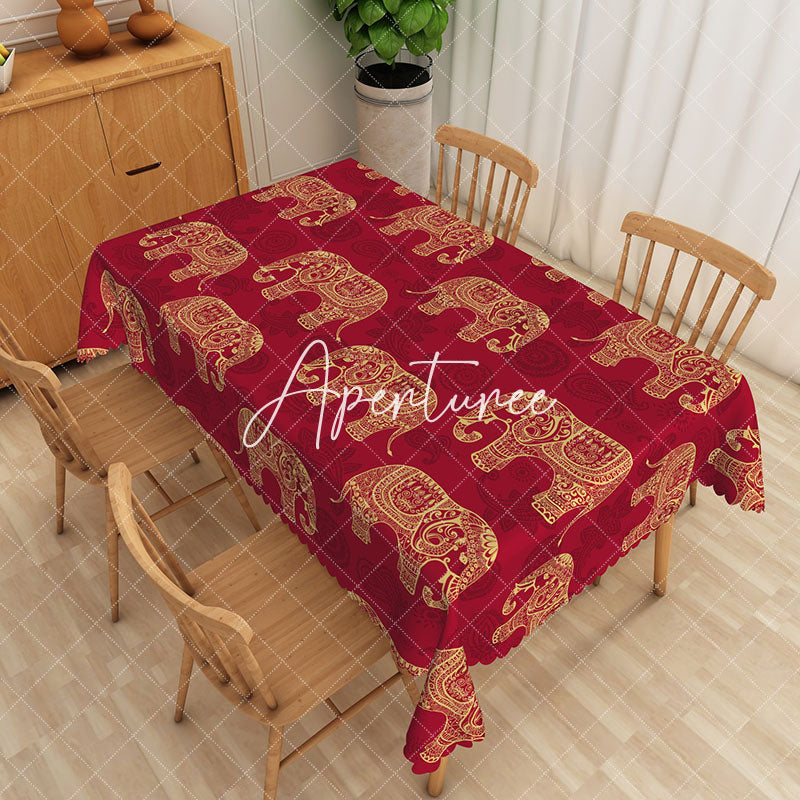 Aperturee - Aperturee Traditional Indian Inspired Gold Elephant Tablecloth
