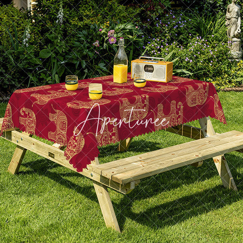 Aperturee - Aperturee Traditional Indian Inspired Gold Elephant Tablecloth