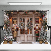 Aperturee - Aperturee Traditional Nutcracker Christmas Holiday Backdrop Snow Covered Pine Trees and Festive Door Decor