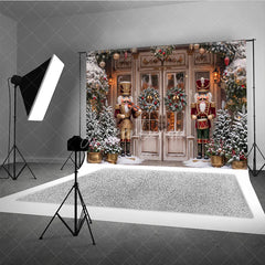Aperturee - Aperturee Traditional Nutcracker Christmas Holiday Backdrop Snow Covered Pine Trees and Festive Door Decor
