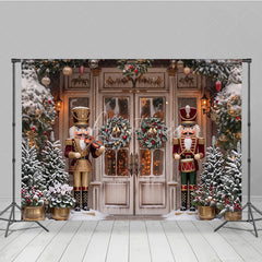 Aperturee - Aperturee Traditional Nutcracker Christmas Holiday Backdrop Snow Covered Pine Trees and Festive Door Decor