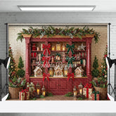 Aperturee - Aperturee Traditional Red Cabinet Christmas Holiday Backdrop with Gingerbread Houses Decorated Trees and Garland