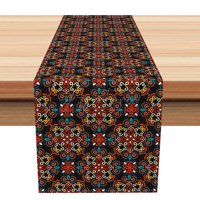 Aperturee - Aperturee Traditional Slovak Folk Art Pattern Table Runner Dark Repetitive Floral Design Eastern European Kitchen Decor