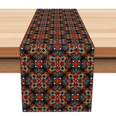Aperturee - Aperturee Traditional Slovak Folk Art Pattern Table Runner Dark Repetitive Floral Design Eastern European Kitchen Decor