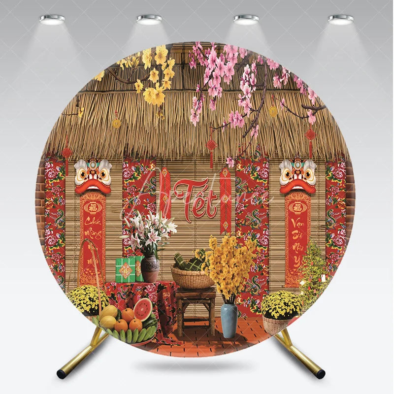 Aperturee - Aperturee Traditional Vietnamese Tet Holiday Round Backdrop Lunar New Year Lion Dance and Blossom Party Decoration