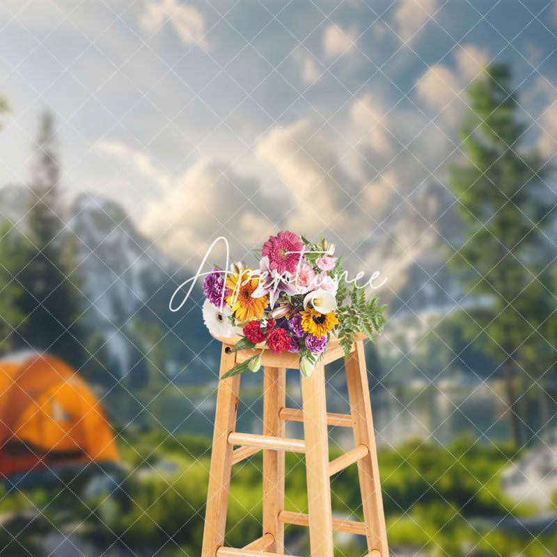 Aperturee - Aperturee Tranquil Outdoor Camping Scene Mountains Backdrop