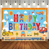 Aperturee - Aperturee Transportation Themed Happy Birthday Backdrop for Boy Cartoon Cars Train and Rocket Kids Vehicle Party Decor