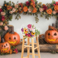 Aperturee - Aperturee Tree Stump Floral Pumpkins Halloween Photo Backdrop
