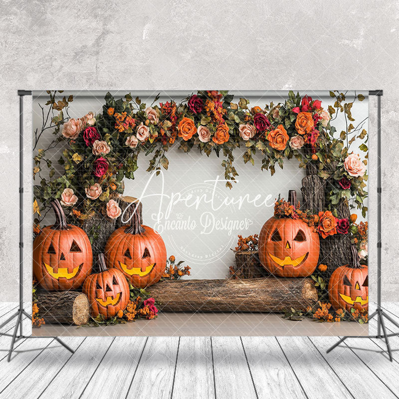 Aperturee - Aperturee Tree Stump Floral Pumpkins Halloween Photo Backdrop
