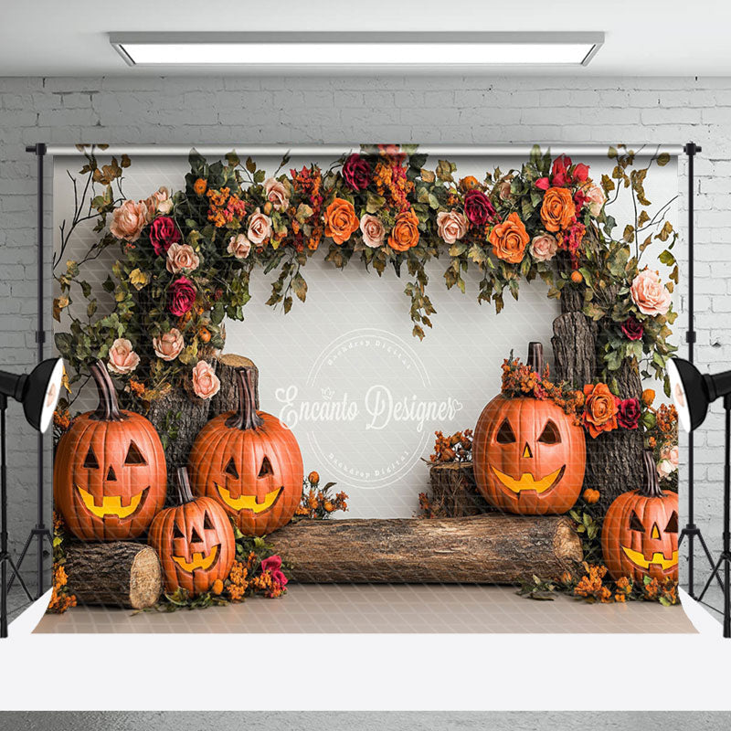 Aperturee - Aperturee Tree Stump Floral Pumpkins Halloween Photo Backdrop