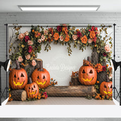 Aperturee - Aperturee Tree Stump Floral Pumpkins Halloween Photo Backdrop