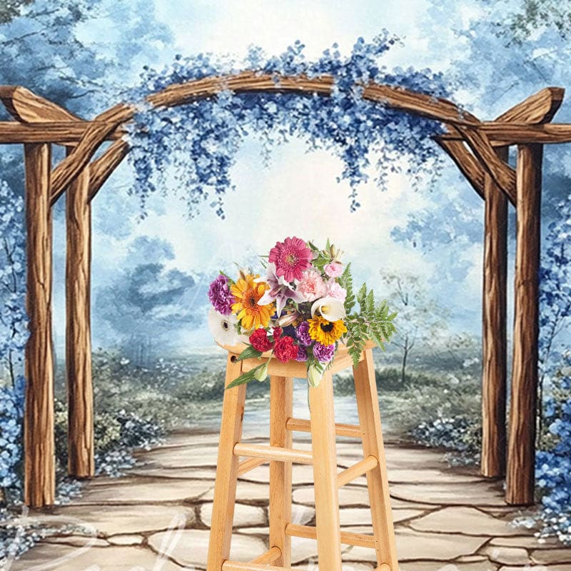 Aperturee - Aperturee Trees Blue Floral Arch Stone Floor Photo Backdrop