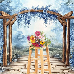 Aperturee - Aperturee Trees Blue Floral Arch Stone Floor Photo Backdrop
