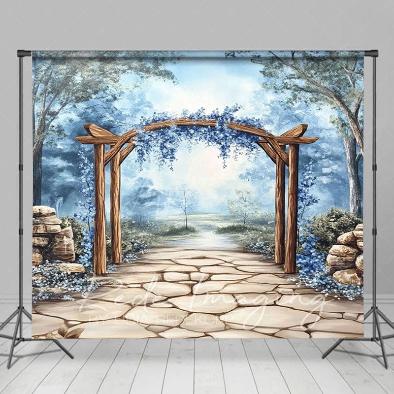 Aperturee - Aperturee Trees Blue Floral Arch Stone Floor Photo Backdrop