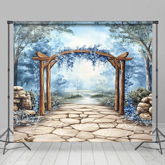 Aperturee - Aperturee Trees Blue Floral Arch Stone Floor Photo Backdrop
