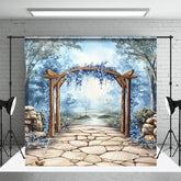 Aperturee - Aperturee Trees Blue Floral Arch Stone Floor Photo Backdrop