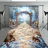 Aperturee - Aperturee Trees Blue Floral Arch Stone Floor Sweep Backdrop