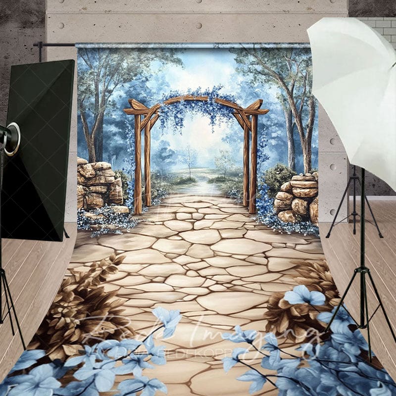 Aperturee - Aperturee Trees Blue Floral Arch Stone Floor Sweep Backdrop