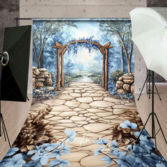 Aperturee - Aperturee Trees Blue Floral Arch Stone Floor Sweep Backdrop