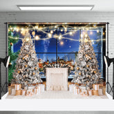 Aperturee - Aperturee Trees Gifts Night Rural Town Window Scene Backdrop