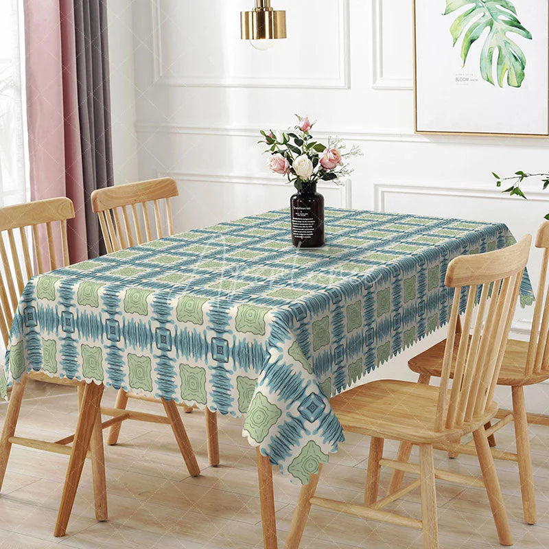 Aperturee - Aperturee Tribal Diamond Rectangle Tablecloth Sage Green Geometric Dining Table Cover Decor