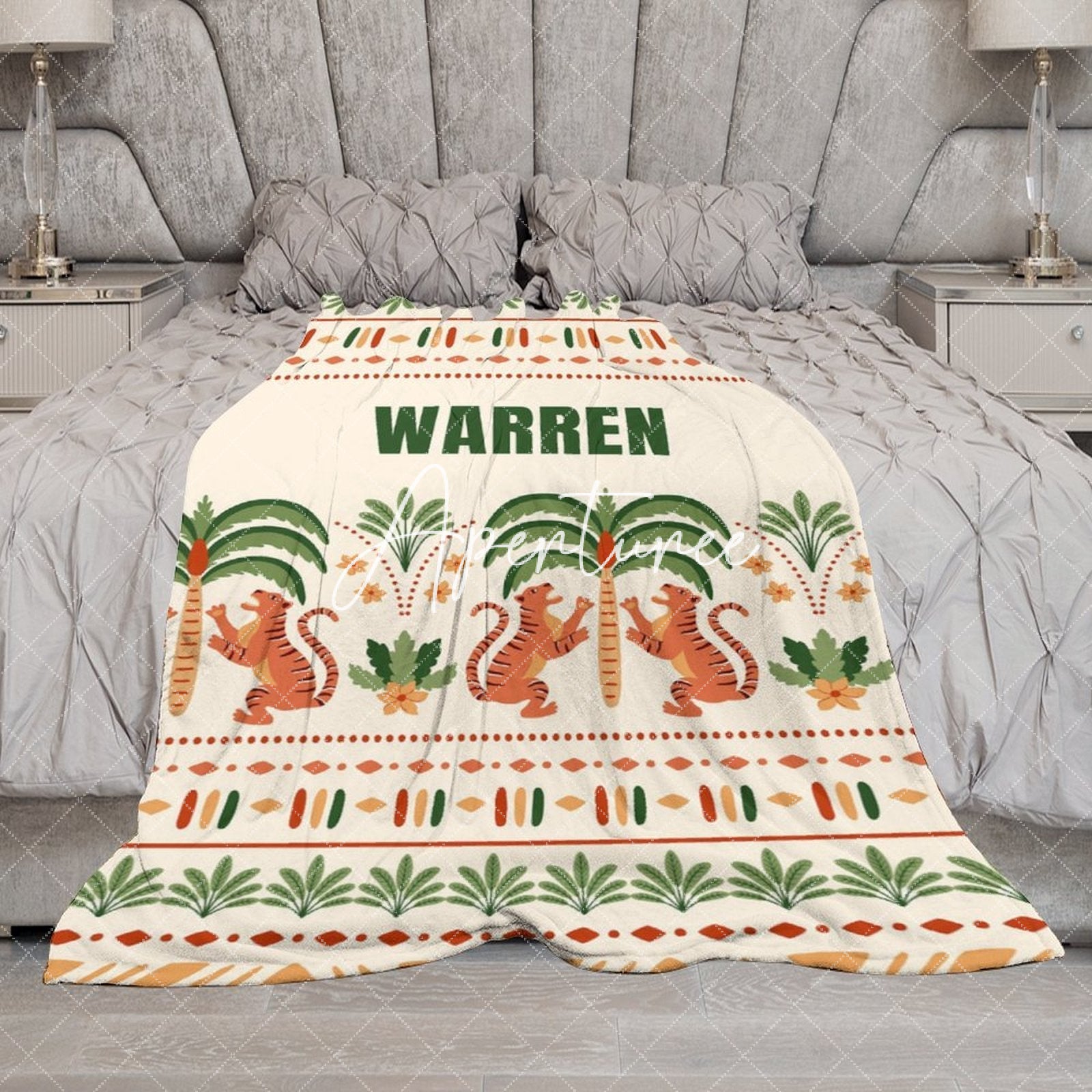 Aperturee - Aperturee Tribal Jungle Forest Tigers Custom Name Blanket
