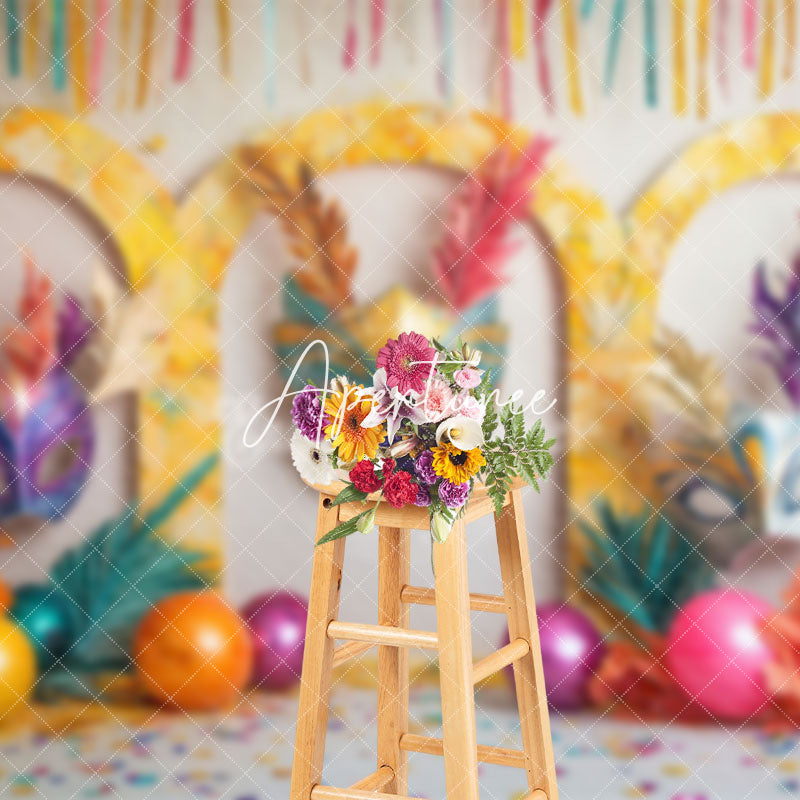 Aperturee - Aperturee Tribal Masquerade Balloons Leaf Cake Smash Backdrop
