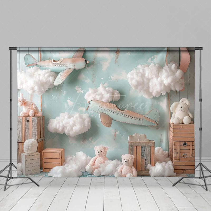 Aperturee - Aperturee Trip Begins Plane Teddy Clound Cake Smash Backdrop