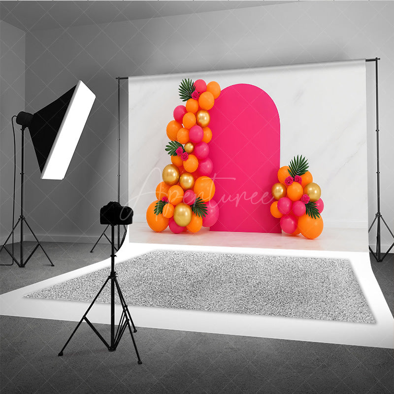 Aperturee Aperturee Tropical Balloon Arch Cake Smash Backdrop Pink Orange and Gold Balloons Summer Themed First Birthday Photo Prop