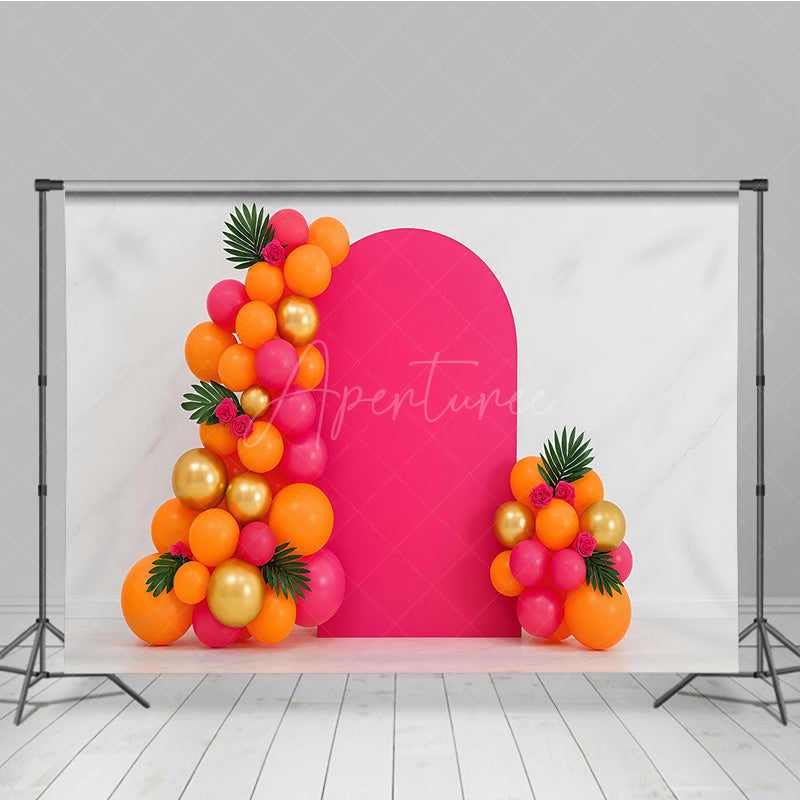 Aperturee Aperturee Tropical Balloon Arch Cake Smash Backdrop Pink Orange and Gold Balloons Summer Themed First Birthday Photo Prop