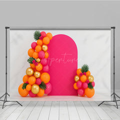 Aperturee Aperturee Tropical Balloon Arch Cake Smash Backdrop Pink Orange and Gold Balloons Summer Themed First Birthday Photo Prop