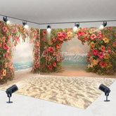 Aperturee - Aperturee Tropical Beach Floral Arch Room Set Backdrop with Sandy Floor and Ocean View for Romantic Photoshoots