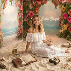 Aperturee - Aperturee Tropical Beach Floral Arch Room Set Backdrop with Sandy Floor and Ocean View for Romantic Photoshoots