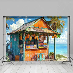 Aperturee - Aperturee Tropical Beach Fruit Stand Summer Backdrop Hanging Pineapples and Ocean View Photography Background