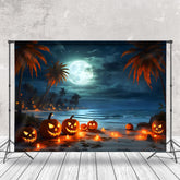 Aperturee - Aperturee Tropical Beach Full Moon Pumpkin Halloween Backdrop