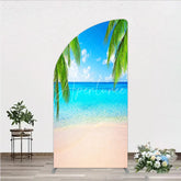 Aperturee - Aperturee Tropical Beach Half Moon Arch Backdrop with Blue Sky and Palm Trees Clear Ocean Water and Sandy Shore